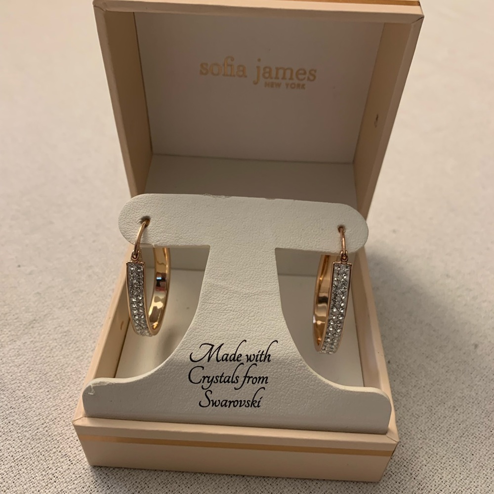 New in Box Sofia James New York Pierced Oval Hoops with Swarovski Crystals